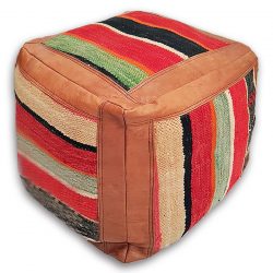 Moroccan Leather/Kilim Ottoman – Tan